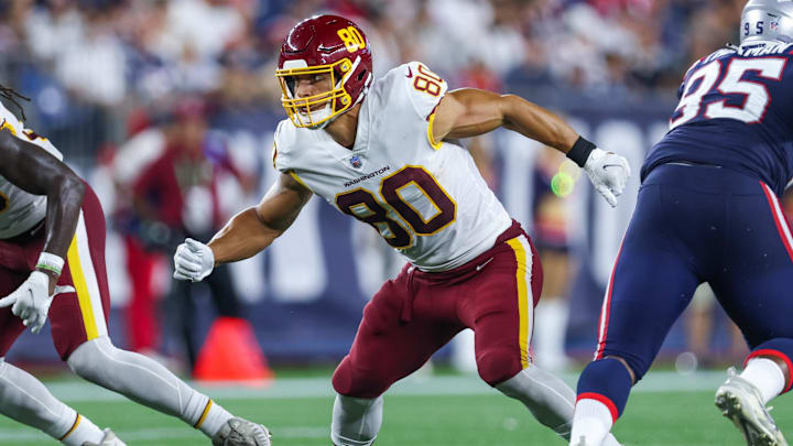 Aug 12, 2021; Foxborough, Massachusetts, USA; Washington Football Team tight end Sammis Reyes (80). Aug 12, 2021; Foxborough, Massachusetts, USA; Washington Football Team tight end Sammis Reyes (80).