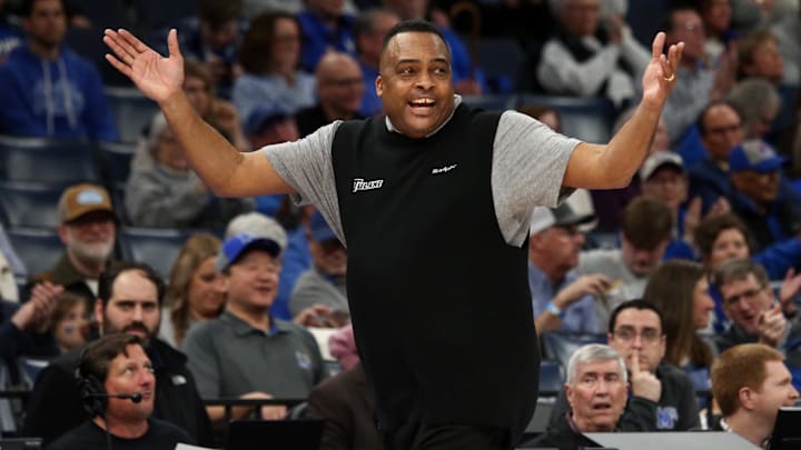 Feb 11, 2024; Memphis, Tennessee, USA; Tulane Green Wave head coach Ron Hunter reacts during the second half against the Memphis Tigers at FedExForum.