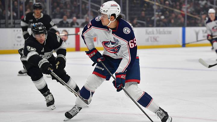Dec 22, 2025; Los Angeles, California, USA; Columbus Blue Jackets center Luca del Bel Belluz (65) moves in for a shot against Los Angeles Kings left wing Kevin Fiala (22) during the first period at Crypto.com Arena. Mandatory Credit: Gary A. Vasquez-Imagn Images Dec 22, 2025; Los Angeles, California, USA; Columbus Blue Jackets center Luca del Bel Belluz (65) moves in for a shot against Los Angeles Kings left wing Kevin Fiala (22) during the first period at Crypto.com Arena. Mandatory Credit: Gary A. Vasquez-Imagn Images