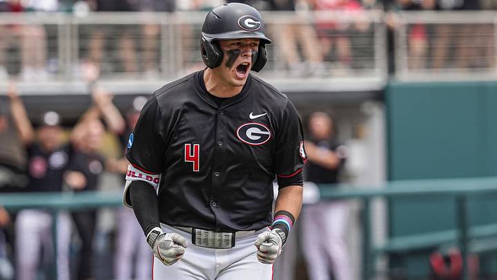 Jun 6, 2026; Athens, GA, USA; Georgia Bulldogs infielder Michael O'Shaughnessy (4) reacts after hitting a home run against the Mississippi State Bulldogs at Foley Field. Mandatory Credit: Dale Zanine-Imagn Images
