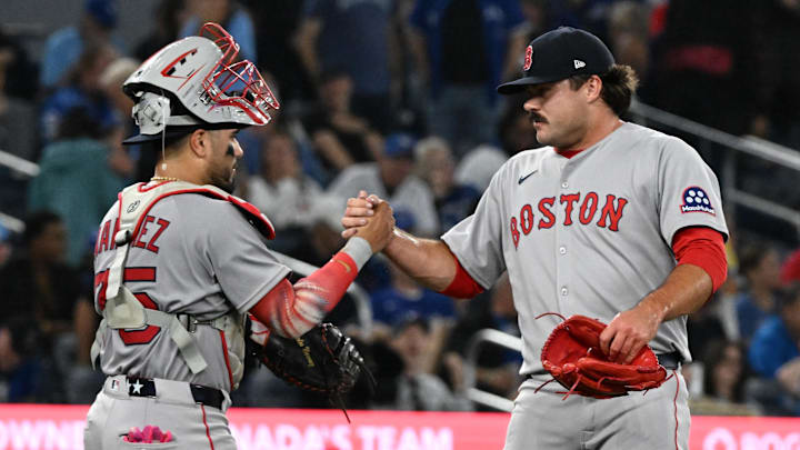 Sep 24, 2025; Toronto, Ontario, CAN; Boston Red Sox catcher Carlos Narvaez (75) and relief pitcher Payton Tolle (70) celebrate a win over the Toronto Blue Jays at Rogers Centre. Mandatory Credit: Dan Hamilton-Imagn Images Sep 24, 2025; Toronto, Ontario, CAN; Boston Red Sox catcher Carlos Narvaez (75) and relief pitcher Payton Tolle (70) celebrate a win over the Toronto Blue Jays at Rogers Centre. Mandatory Credit: Dan Hamilton-Imagn Images
