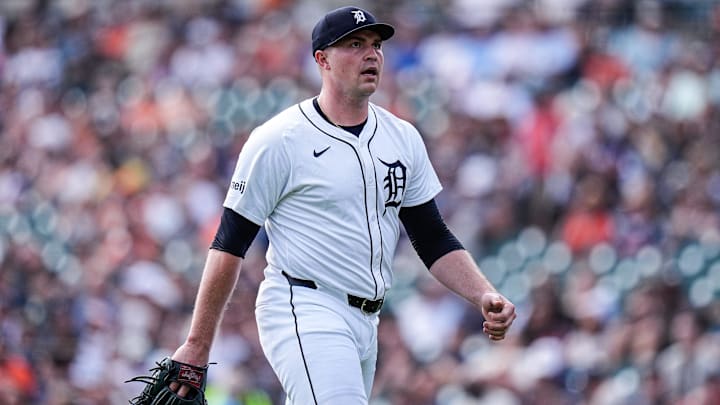 Detroit Tigers pitcher Tarik Skubal (29) walks off the field after pitching against Cleveland Guardians during the fifth inning at Comerica Park in Detroit on Thursday, Sept. 18, 2025.