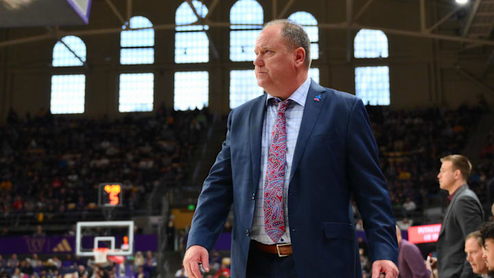 Feb 28, 2026; Seattle, Washington, USA; Wisconsin Badgers head coach Greg Gard during the first half between the Washington Huskies and the Wisconsin Badgers at Alaska Airlines Arena at Hec Edmundson Pavilion. Mandatory Credit: Steven Bisig-Imagn Images