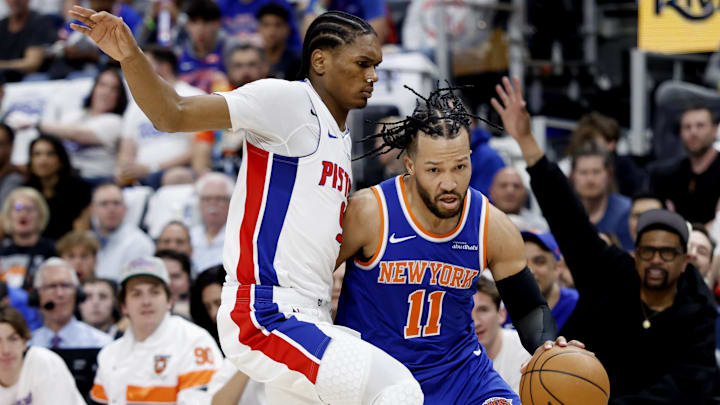 Apr 24, 2025; Detroit, Michigan, USA; New York Knicks guard Jalen Brunson (11) dribbles defended by Detroit Pistons forward Ausar Thompson (9) in the first half during game three of first round for the 2024 NBA Playoffs at Little Caesars Arena. Mandatory Credit: Rick Osentoski-Imagn Images Apr 24, 2025; Detroit, Michigan, USA; New York Knicks guard Jalen Brunson (11) dribbles defended by Detroit Pistons forward Ausar Thompson (9) in the first half during game three of first round for the 2024 NBA Playoffs at Little Caesars Arena. Mandatory Credit: Rick Osentoski-Imagn Images
