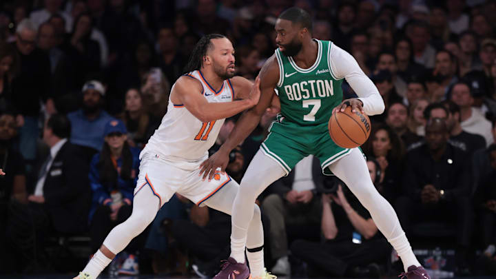 Oct 24, 2025; New York, New York, USA: Boston Celtics guard Jaylen Brown (7) is defended by New York Knicks guard Jalen Brunson (11) during the first half at Madison Square Garden. Mandatory Credit: Vincent Carchietta-Imagn Images Oct 24, 2025; New York, New York, USA: Boston Celtics guard Jaylen Brown (7) is defended by New York Knicks guard Jalen Brunson (11) during the first half at Madison Square Garden. Mandatory Credit: Vincent Carchietta-Imagn Images