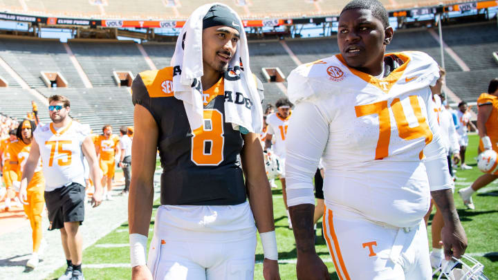 Tennessee quarterback Nico Iamaleava (8) and Tennessee offensive lineman John Campbell Jr. (74) after Tennessee's Orange & White spring football game at Neyland Stadium on Saturday, April 13, 2024. Tennessee quarterback Nico Iamaleava (8) and Tennessee offensive lineman John Campbell Jr. (74) after Tennessee's Orange & White spring football game at Neyland Stadium on Saturday, April 13, 2024.