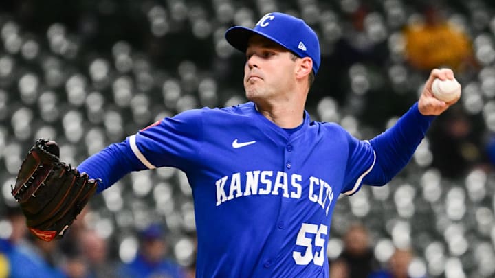 Apr 2, 2025; Milwaukee, Wisconsin, USA; Kansas City Royals starting pitcher Cole Ragans (55) pitches in the first inning against the Milwaukee Brewers at American Family Field. Mandatory Credit: Benny Sieu-Imagn Images Apr 2, 2025; Milwaukee, Wisconsin, USA; Kansas City Royals starting pitcher Cole Ragans (55) pitches in the first inning against the Milwaukee Brewers at American Family Field. Mandatory Credit: Benny Sieu-Imagn Images