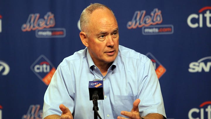 Aug 26, 2013; New York, NY, USA; New York Mets general manager Sandy Alderson speaks about starting pitcher Matt Harvey (not pictured) during a press conference before a game against the Philadelphia Phillies at Citi Field. It was announced today that Harvey has a partially torn UCL. Mandatory Credit: Brad Penner-Imagn Images