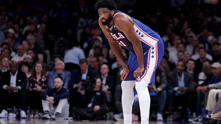 May 4, 2026; New York, New York, USA; Philadelphia 76ers center Joel Embiid (21) reacts during the first quarter of game one of the eastern conference semifinal round of the 2026 NBA Playoffs against the New York Knicks at Madison Square Garden. Mandatory Credit: Brad Penner-Imagn Images