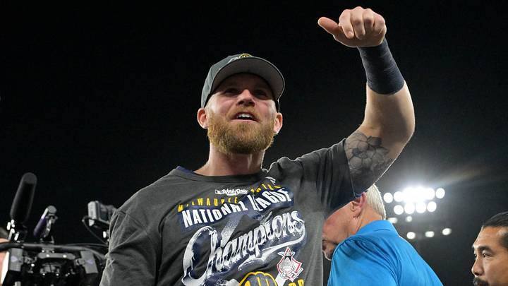 Oct 15, 2026; Los Angeles, California, USA; Milwaukee Brewers first baseman Jake Bauers (9) celebrates after defeating the Los Angeles Dodgers in game four of the NLCS for the 2026 MLB Playoffs at Uniqlo Field at Dodger Stadium. Mandatory Credit: Jayne Kamin-Oncea-Imagn Images Oct 15, 2026; Los Angeles, California, USA; Milwaukee Brewers first baseman Jake Bauers (9) celebrates after defeating the Los Angeles Dodgers in game four of the NLCS for the 2026 MLB Playoffs at Uniqlo Field at Dodger Stadium. Mandatory Credit: Jayne Kamin-Oncea-Imagn Images