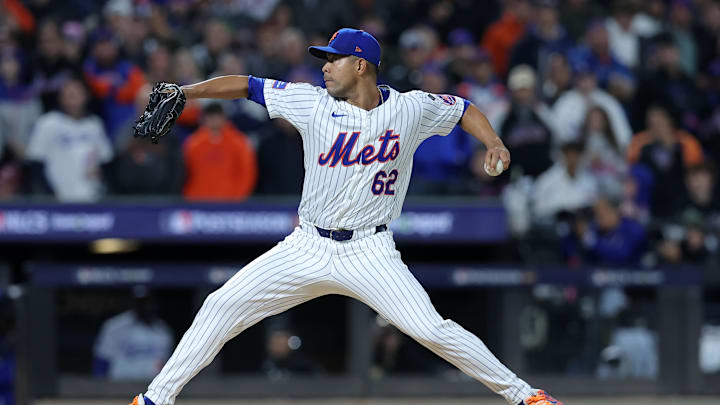 Oct 17, 2024; New York City, New York, USA; New York Mets pitcher Jose Quintana (62) throws a pitch against the Los Angeles Dodgers in the first inning during game four of the NLCS for the 2024 MLB playoffs at Citi Field.