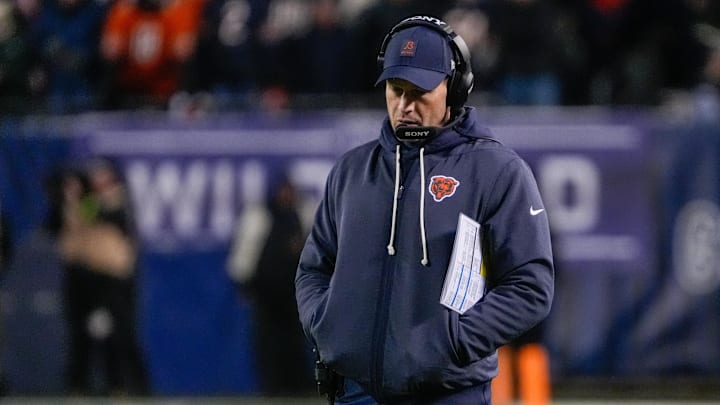 Jan 10, 2026; Chicago, IL, USA;  Chicago Bears head coach Ben Johnson stands on the sidelines against the Green Bay Packers during the first half of an NFC Wild Card Round game at Soldier Field. Mandatory Credit: David Banks-Imagn Images