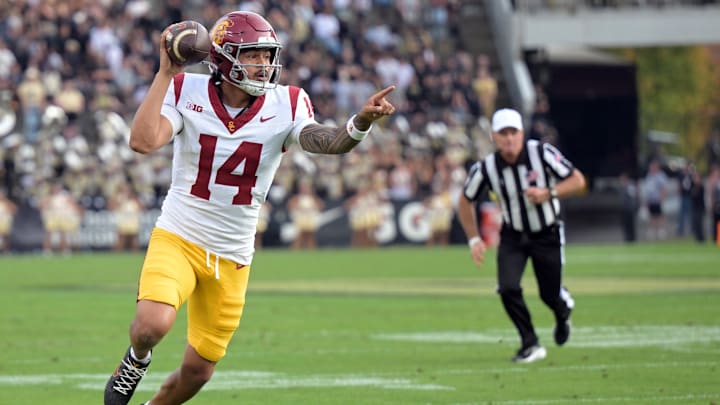 Sep 13, 2025; West Lafayette, Indiana, USA; Southern California Trojans quarterback Jayden Maiava (14) points during a play during the first quarter against the Purdue Boilermakers at Ross-Ade Stadium. Mandatory Credit: Marc Lebryk-Imagn Images