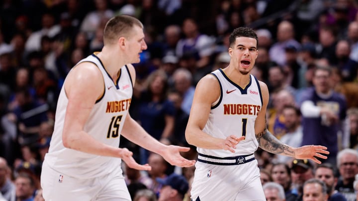 Mar 21, 2024; Denver, Colorado, USA; Denver Nuggets forward Michael Porter Jr. (1) and center Nikola Jokic (15) in the third quarter against the New York Knicks at Ball Arena. Mandatory Credit: Isaiah J. Downing-USA TODAY Sports Mar 21, 2024; Denver, Colorado, USA; Denver Nuggets forward Michael Porter Jr. (1) and center Nikola Jokic (15) in the third quarter against the New York Knicks at Ball Arena. Mandatory Credit: Isaiah J. Downing-USA TODAY Sports