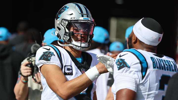 Dec 29, 2024; Tampa, Florida, USA; Carolina Panthers quarterback Bryce Young (9) and running back Raheem Blackshear (3) prior to the game against the Tampa Bay Buccaneers at Raymond James Stadium. Mandatory Credit: Kim Klement Neitzel-Imagn Images