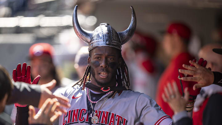 Apr 17, 2024; Seattle, Washington, USA; Cincinnati Reds shortstop Elly De La Cruz (44) celebrates Apr 17, 2024; Seattle, Washington, USA; Cincinnati Reds shortstop Elly De La Cruz (44) celebrates