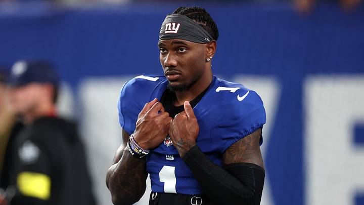 Sep 21, 2025; East Rutherford, New Jersey, USA; New York Giants wide receiver Malik Nabers (1) looks on before the game against the Kansas City Chiefs at MetLife Stadium. 
