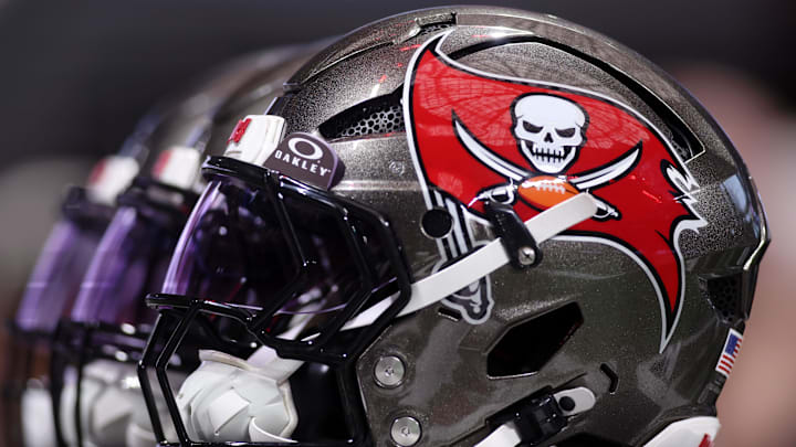 Sep 7, 2025; Atlanta, Georgia, USA; A detail view of of Tampa Bay Buccaneers helmets before the game against the Atlanta Falcons at Mercedes-Benz Stadium. Mandatory Credit: Brett Davis-Imagn Images