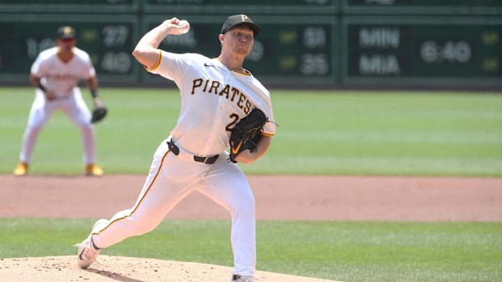 Jul 2, 2025; Pittsburgh, Pennsylvania, USA;  Pittsburgh Pirates starting pitcher Mitch Keller (23) delivers a pitch against the St. Louis Cardinals during the first inning at PNC Park. Mandatory Credit: Charles LeClaire-Imagn Images