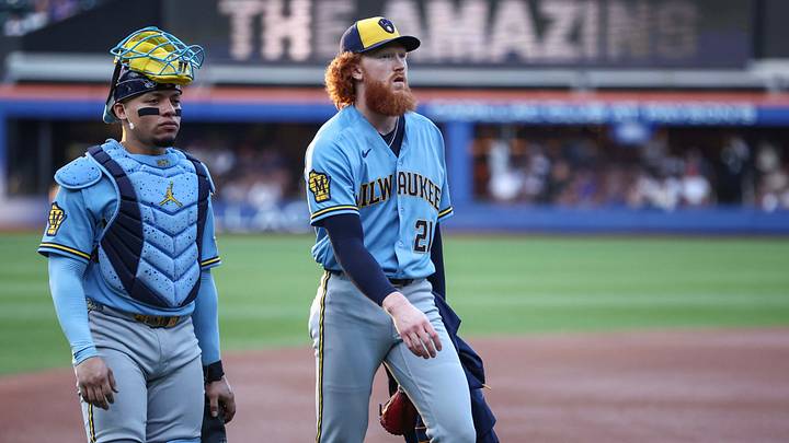 Aug 26, 2026; New York City, New York, USA; Milwaukee Brewers catcher William Contreras (24) and starting pitcher Dustin May (21) walk the field in the game against the New York Mets at Citi Field. Mandatory Credit: Wendell Cruz-Imagn Images Aug 26, 2026; New York City, New York, USA; Milwaukee Brewers catcher William Contreras (24) and starting pitcher Dustin May (21) walk the field in the game against the New York Mets at Citi Field. Mandatory Credit: Wendell Cruz-Imagn Images