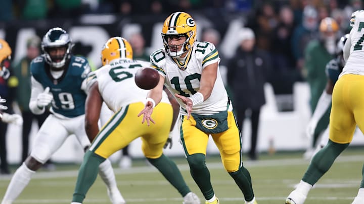 Jan 12, 2025; Philadelphia, Pennsylvania, USA; Green Bay Packers quarterback Jordan Love (10) in action against the Philadelphia Eagles in an NFC wild card game at Lincoln Financial Field. Mandatory Credit: Bill Streicher-Imagn Images