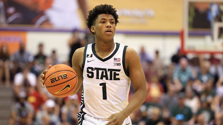 Nov 25, 2024; Lahaina, Hawaii, USA;  Michigan State Spartans guard Jeremy Fears Jr. (1) in action against the Colorado Buffaloes in the second half of an NCAA college basketball game at Lahaina Civic Center. Mandatory Credit: Marco Garcia-Imagn Images