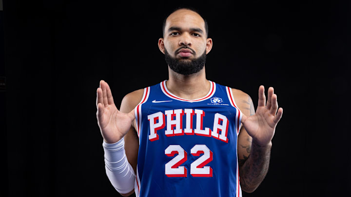 Sep 26, 2025; Camden, NJ, USA; Philadelphia 76ers Johni Broome poses for a photo during media day.