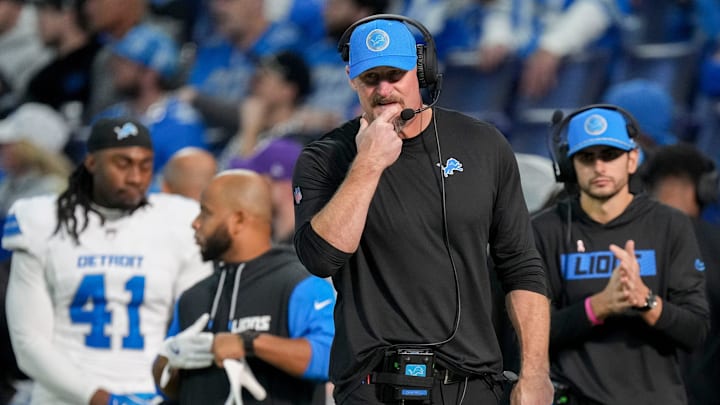 Detroit Lions head coach Dan Campbell walks the sideline Sunday, Nov. 24, 2024, during a game against the Indianapolis Colts at Lucas Oil Stadium in Indianapolis.