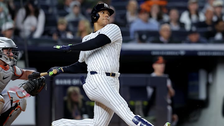 Sep 25, 2024; Bronx, New York, USA; New York Yankees right fielder Juan Soto (22) follows through on a two run home run against the Baltimore Orioles during the fifth inning at Yankee Stadium. Mandatory Credit: Brad Penner-Imagn Images Sep 25, 2024; Bronx, New York, USA; New York Yankees right fielder Juan Soto (22) follows through on a two run home run against the Baltimore Orioles during the fifth inning at Yankee Stadium. Mandatory Credit: Brad Penner-Imagn Images