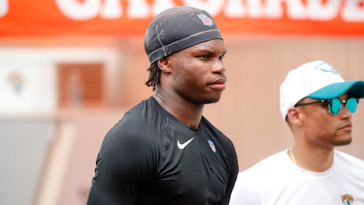 May 10, 2025; Jacksonville, FL, USA; Jacksonville Jaguars wide receiver Travis Hunter (12) waits to be interviewed following rookie minicamp at Miller Electric Center. 