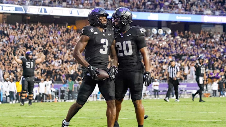Sep 14, 2024; Fort Worth, Texas, USA; TCU Horned Frogs wide receiver Savion Williams (3) makes a touchdown reception during the second quarter against the UCF Knights at Amon G. Carter Stadium. Mandatory Credit: Andrew Dieb-Imagn Images