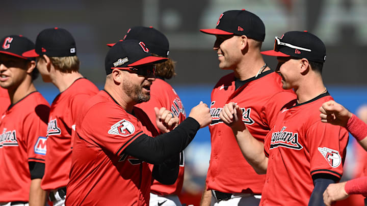 Oct 5, 2024; Cleveland, OH, USA; Cleveland Guardians manager Stephen Vogt is introduced before playing against the Detroit Tigers in game one of the ALDS for the 2024 MLB Playoffs at Progressive Field.