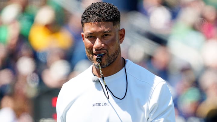 Notre Dame head coach Marcus Freeman during the Blue-Gold spring game at Notre Dame Stadium on Saturday, April 25, 2026, in South Bend.