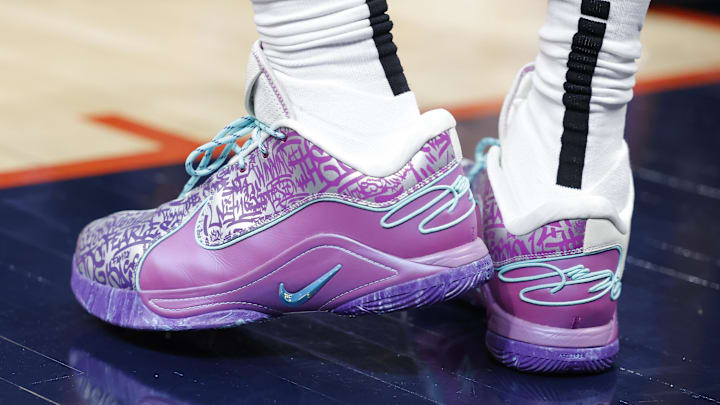 Apr 6, 2025; Los Angeles Lakers forward LeBron James debuts the Nike LeBron 22 "Frozen Grapes" colorway against the Oklahoma City Thunder.