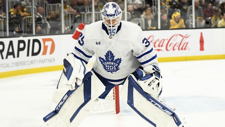 May 4, 2024; Boston, Massachusetts, USA; Toronto Maple Leafs goaltender Ilya Samsonov (35) skates after his stick during the first period in game seven of the first round of the 2024 Stanley Cup Playoffs against the Boston Bruins at TD Garden. Mandatory Credit: Bob DeChiara-Imagn Images