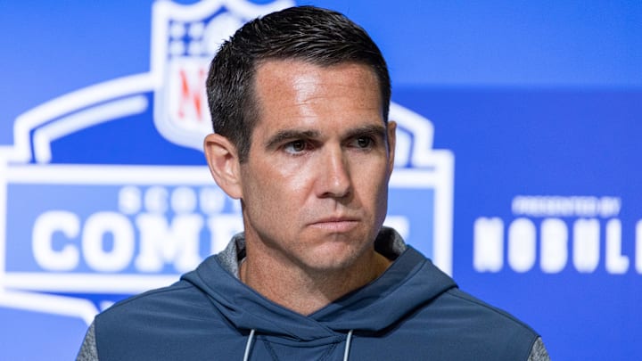 Feb 28, 2023; Indianapolis, IN, USA; New York Giants general manager Joe Schoen speaks to the press