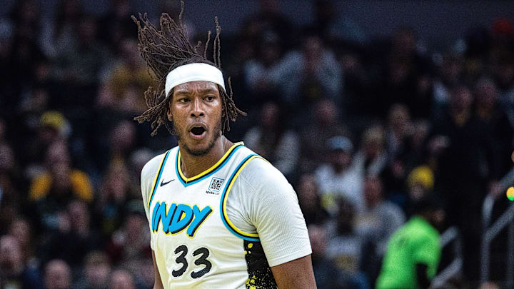 Feb 20, 2025; Indianapolis, Indiana, USA; Indiana Pacers center Myles Turner (33) celebrates a made basket in the first half against the Memphis Grizzlies at Gainbridge Fieldhouse. Mandatory Credit: Trevor Ruszkowski-Imagn Images