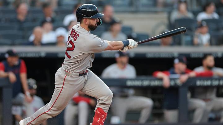 Jun 5, 2026; Bronx, New York, USA; Boston Red Sox catcher Connor Wong (12) singles during the third inning against the New York Yankees at Yankee Stadium. Mandatory Credit: Vincent Carchietta-Imagn Images