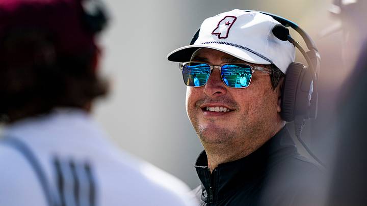 Mississippi State head coach Jeff Lebby smiles while standing on the sideline during a college football game between Mississippi State and Alabama at Davis Wade Stadium. Mississippi State head coach Jeff Lebby smiles while standing on the sideline during a college football game between Mississippi State and Alabama at Davis Wade Stadium.