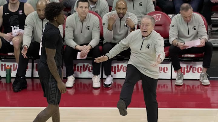 Michigan State head coach Tom Izzo argues a call during the first half of their game against Wisconsin Friday, February 13, 2026 at the Kohl Center in Madison, Wisconsin. Michigan State head coach Tom Izzo argues a call during the first half of their game against Wisconsin Friday, February 13, 2026 at the Kohl Center in Madison, Wisconsin.