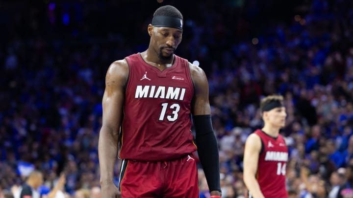 Apr 17, 2024; Philadelphia, Pennsylvania, USA; Miami Heat center Bam Adebayo (13) looks on after a; Credit: Bill Streicher-USA TODAY Sports Apr 17, 2024; Philadelphia, Pennsylvania, USA; Miami Heat center Bam Adebayo (13) looks on after a; Credit: Bill Streicher-USA TODAY Sports