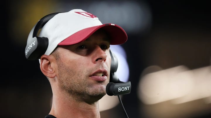 Arizona Cardinals head coach Jonathan Gannon watches from the sidelines as they play against the Las Vegas Raiders at State Farm Stadium in Glendale, on Aug. 23, 2025.