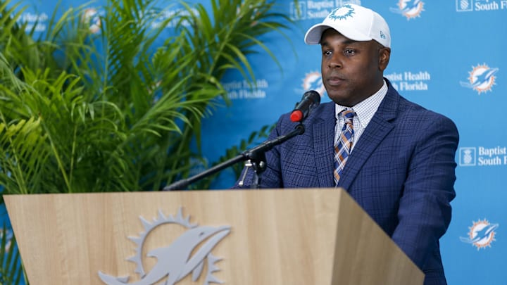 Feb 10, 2022; Miami Gardens, FL, USA; Miami Dolphins Miami general manager Chris Grier speaks during