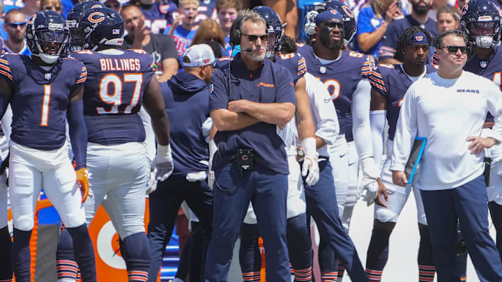 Aug 10, 2024; Orchard Park, New York, USA; Chicago Bears head coach Matt Eberflus looks on from the sidelines during the first half against the Buffalo Bills at Highmark Stadium. Mandatory Credit: Gregory Fisher-Imagn Images
