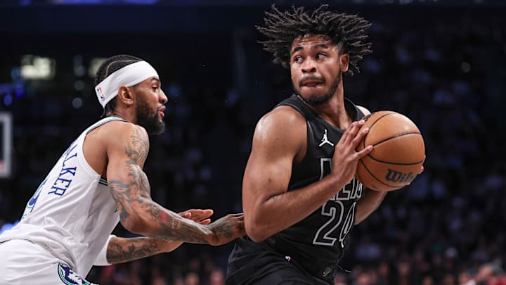 Jan 25, 2024; Brooklyn, New York, USA; Brooklyn Nets guard Cam Thomas (24) looks for an opening as