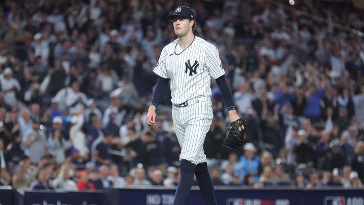 Sep 29, 2026; Bronx, New York, USA; New York Yankees pitcher Cam Schlittler (31) reacts after the sixth inning against the Boston Red Sox during game one of the Wild Card round in the 2026 MLB playoffs at Yankee Stadium. Mandatory Credit: Brad Penner-Imagn Images Sep 29, 2026; Bronx, New York, USA; New York Yankees pitcher Cam Schlittler (31) reacts after the sixth inning against the Boston Red Sox during game one of the Wild Card round in the 2026 MLB playoffs at Yankee Stadium. Mandatory Credit: Brad Penner-Imagn Images