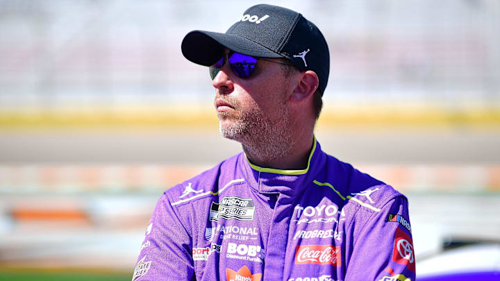 Mar 14, 2026; Las Vegas, Nevada, USA; Joe Gibbs Racing driver Denny Hamlin (11) during qualifying at Las Vegas Motor Speedway. Mandatory Credit: Gary A. Vasquez-Imagn Images