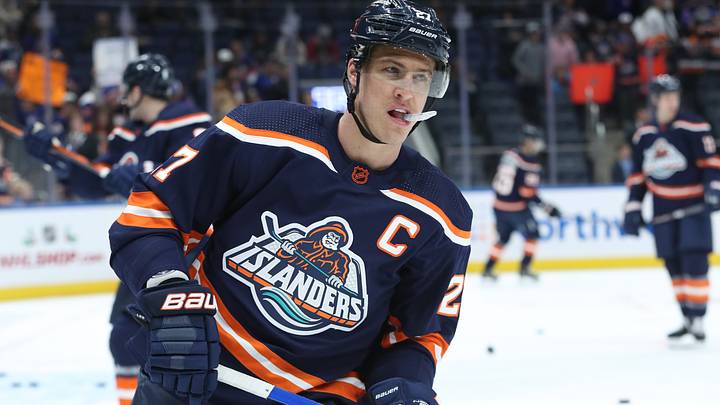 Dec 10, 2022; Elmont, New York, USA;  New York Islanders left wing Anders Lee (27) skated during warm-ups wearing the debut of the reverse retro jersey before a game against the Carolina Hurricanes at UBS Arena. Mandatory Credit: Thomas Salus-USA TODAY Sports