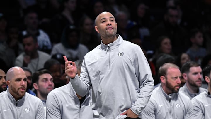 Mar 15, 2025; Brooklyn, New York, USA; Brooklyn Nets head coach Jordi Fernandez during the first half against the Boston Celtics at Barclays Center. Mandatory Credit: John Jones-Imagn Images