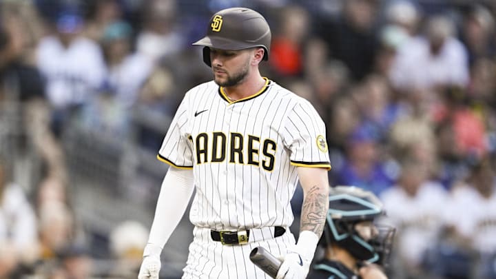 Jul 10, 2025; San Diego, California, USA; San Diego Padres center fielder Jackson Merrill (3) walks back to the dugout after striking out during the second inning against the Arizona Diamondbacks at Petco Park. Mandatory Credit: Denis Poroy-Imagn Images a